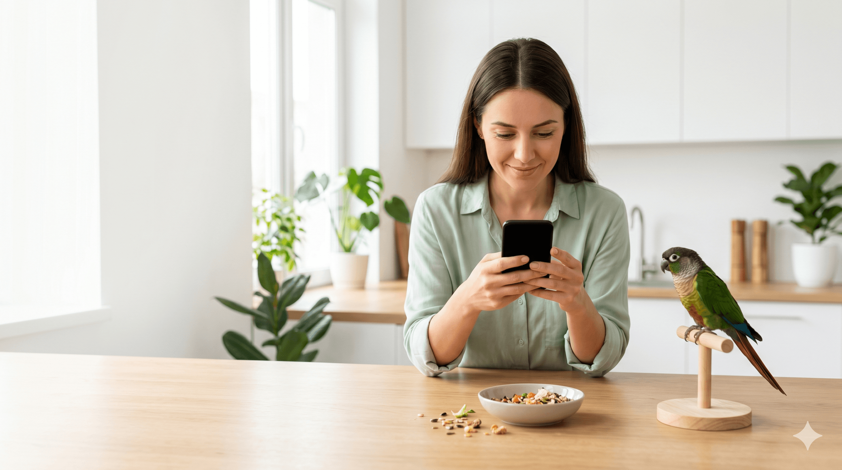 A pet owner caring for a parrot and recording its meal