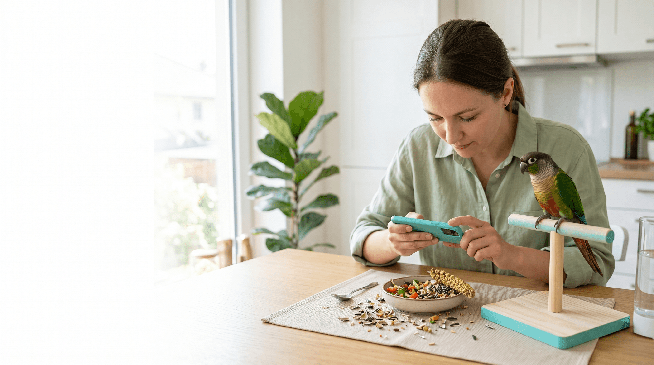 主人正在照护鹦鹉并记录饮食情况