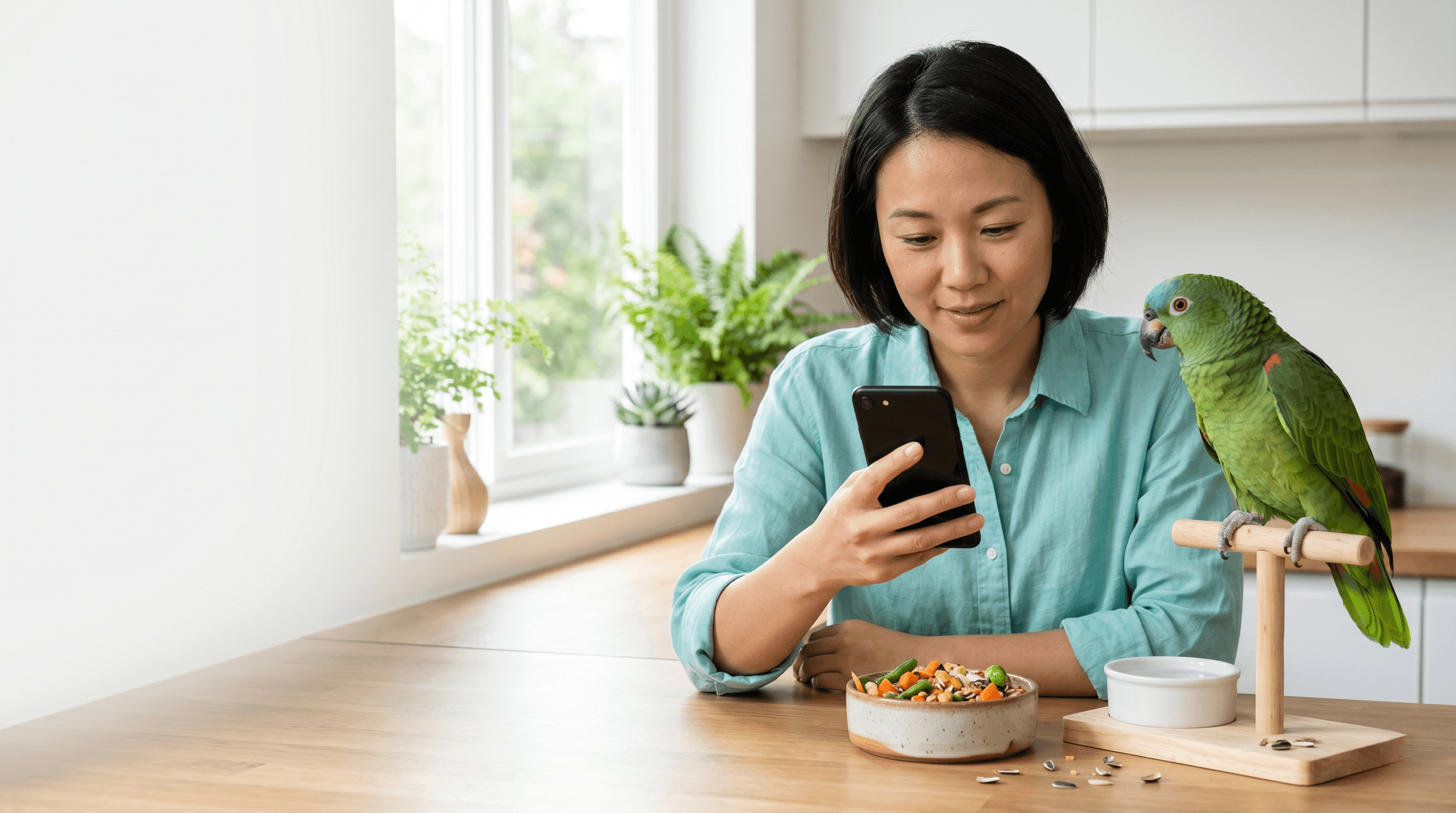 A pet owner caring for a parrot and recording its meal